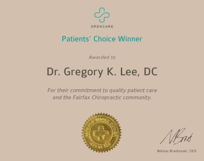 Dr. Gregory Lee DC Wins Opencare Patients’ Choice Award for for his commitment to Fairfax Chiropractic community