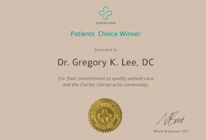 Home 3 Dr. Gregory Lee DC Wins Opencare Patients’ Choice Award for his commitment to Fairfax Chiropractic community